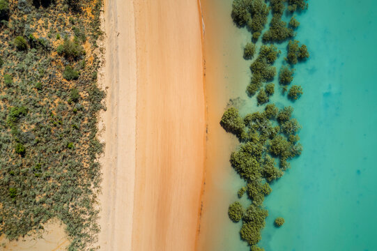 Aerial view of Simpson Beach with mangrove, Minyirr, Western Australia, Australia.