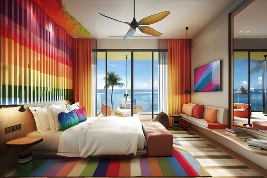 Inclusive accommodations: Design an image of luxurious inclusive accommodations, showcasing welcoming hotels and resorts with rainbow decor, diverse guests, and amenities that cater to all identities