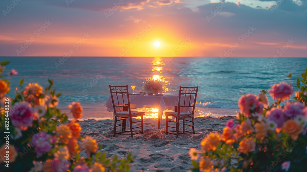 Wall mural a romantic sunset beach dinner for two, with flowers and chairs on the sand facing an ocean view. - Wall murals