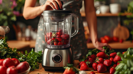 A woman is using an electric blender to make smoothies with strawberries and green vegetables, surrounded by fresh ingredients on the kitchen counter.
