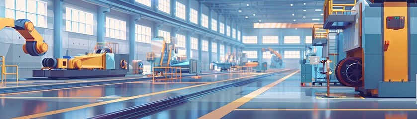 Modern factory interior with advanced machinery and assembly lines, high-tech equipment, perfect for illustrating industrial automation and manufacturing processes, clean and organized layout.