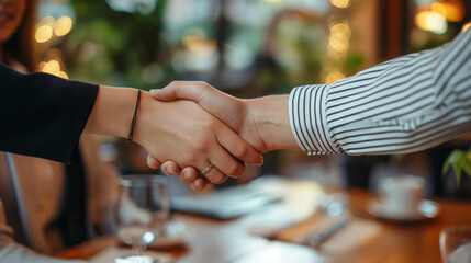 Professional handshake in a friendly dining atmosphere, indicating a business agreement or greeting