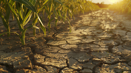 The concept of an abnormal heat wave destroying agricultural landings in the fields. Dry cracked earth. Close-up of a cornfield