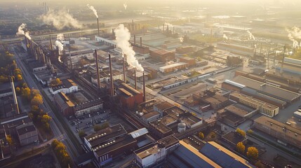 Aerial view of a sprawling industrial complex with multiple buildings, smokestacks, and loading docks, expansive and impressive, perfect for illustrating large-scale manufacturing operations.