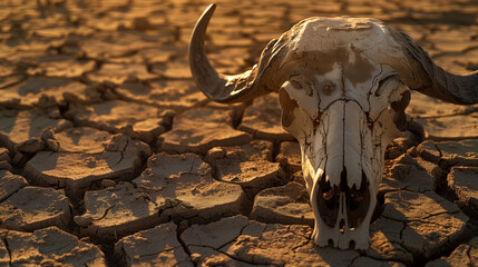 Animals are dying from prolonged drought and abnormal heat. A cattle skull lies in the desert. A white buffalo skull with horns