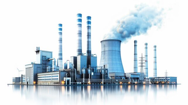 Modern power plant with smokestacks and cooling towers under a clear blue sky, isolated on white background, copy space, industrial energy production, sustainable electricity generation, high