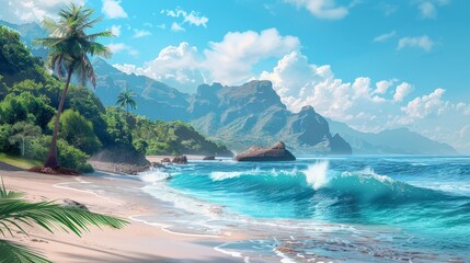 A tranquil digital illustration of a scenic coastline, with waves gently rolling onto the shore. The coastline is dotted with tropical plants and trees, creating a serene and peaceful atmosphere.