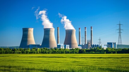 Modern power plant with smokestacks and cooling towers under a clear blue sky, isolated on white background, copy space, industrial energy production, sustainable electricity generation, high