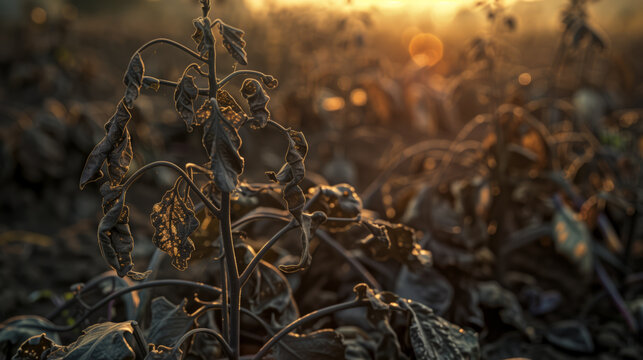 The abnormal heat has led to crop failures and a food crisis. A field of dried plants against the background of the sun. A prolonged drought
