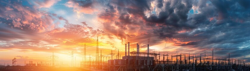 Fototapeta premium Electric power plant at sunset with dramatic sky, high-resolution image, isolated on white background, clean energy production, industrial landscape, eco-friendly power generation, panoramic view