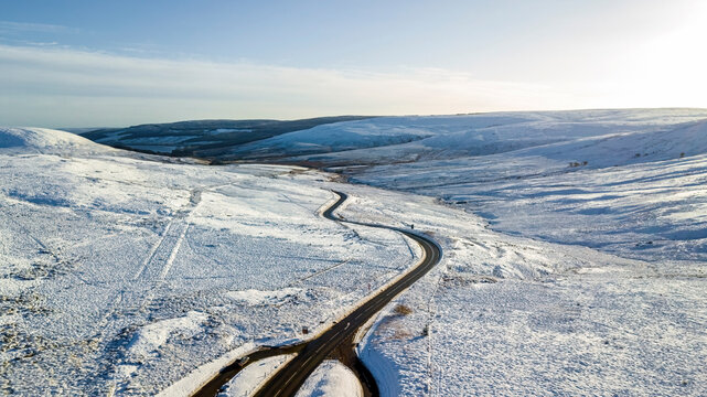 Aerial view of snowy landscape in winter, Carter Bar, Hawick, Scotland, United Kingdom.