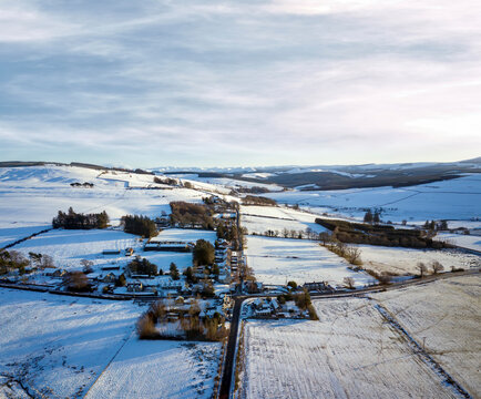 Aerial view of countryside fields and trees, Southdean, Roxburghshire, Scotland.