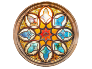 Colorful rose window with intricate stained glass design transparent background