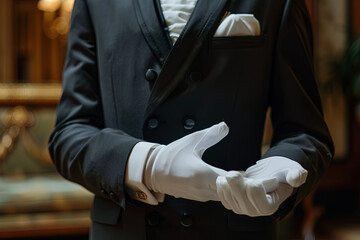 Fototapeta premium Portrait of Butler in Dark Suit and White Gloves Offering Helping Hand 