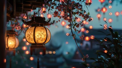A beautiful Chinese lantern hangs from a tree branch in a garden.