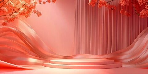 A pink podium stage with elegant curtains for showcasing products effectively. Concept Product Display, Pink Stage, Elegant Curtains, Showcasing Effectively, Podium