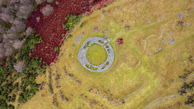 Aerial view of colorful agricultural landscape in springtime, Edin's Broch, Duns, Scotland, United Kingdom.