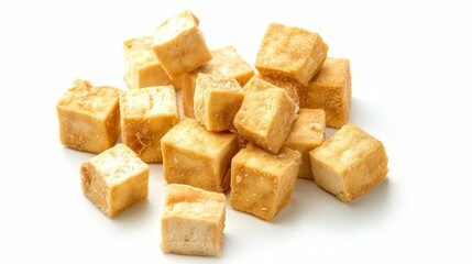 fried tofu cubes isolated on white background healthy vegetarian food concept top view studio shot