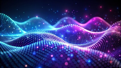 The image showcases an abstract wave pattern made of small, illuminated dots connected to form a mesh-like structure.