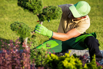 Gardener in Green Hat Trimming a Tree in a Garden