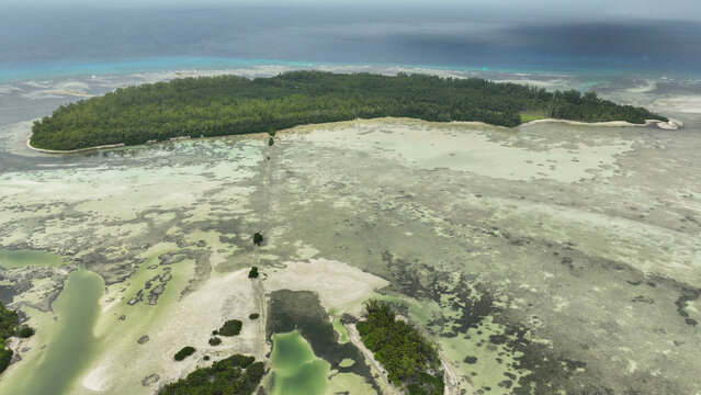 Aerial view of beautiful Poivre Island lagoon, Outer Islands, Seychelles.