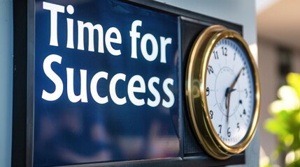 A clock mounted on a sign that reads time for success, symbolizing the importance of timely actions in achieving goals and accomplishments