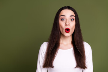 Photo portrait of lovely young lady scared face reaction dressed stylish white garment isolated on khaki color background