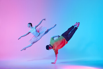 Dance Contrast. Grace of ballet contrasts with dynamic energy of street dance. Beautiful young...