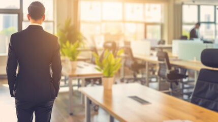 Fototapeta premium Time for success. A man dressed in a suit standing in a modern office setting