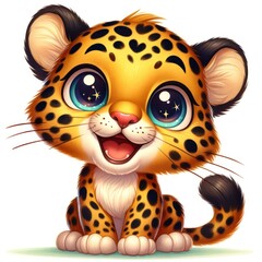 A cheerful, water-colored cartoon Javan Leopard with big, expressive eyes that sparkle brightly. The leopard has a lively expression, featuring a wide smile