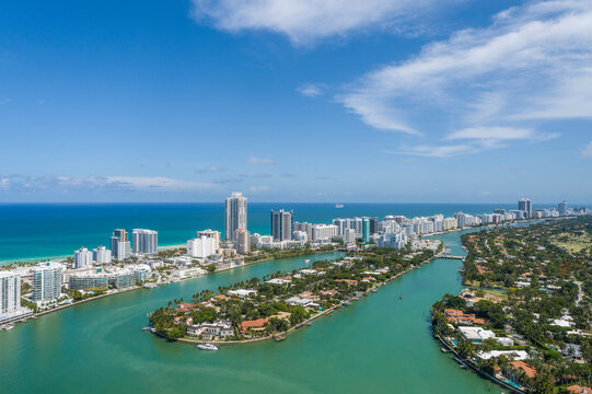 Aerial view of beautiful sandy beach and blue ocean, Allison Island, Miami Beach, Florida, United States.