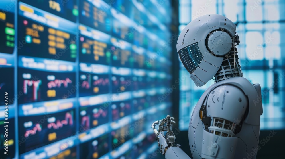 Poster a robot is positioned in front of a wall filled with numbers, creating a futuristic and mathematical