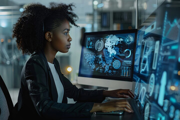 Black woman working in office and futuristic graphical user interface concept. ICT (Information Communication Technology). System engineering
