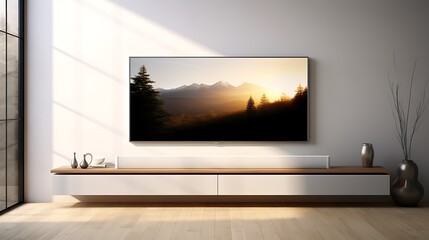 A modern, wall-mounted TV with a minimalist stand and soundbar and a simple design and a small footprint
