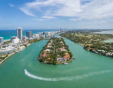 Aerial view of Miami Beach skyline and beautiful coast, Allison Island, Florida, United States.