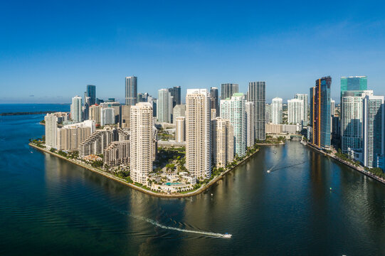 Aerial view of modern cityscape with skyscrapers in Brickell Key, Miami Beach, Florida, United States.