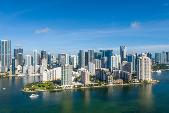 Aerial view of modern skyscrapers in downtown Miami, Florida, United States, overlooking Brickell Key.