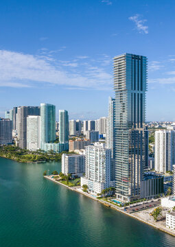 Aerial view of Edgewater city skyline by the water, Sunny Isles Beach, Florida, United States.