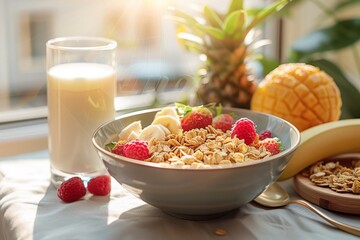 Cereal, fruit and a glass of milk for breakfast in the morning 