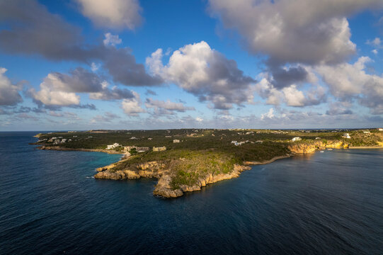 Aerial view of beautiful coastal landscape at Flat Cap Point, Crocus Bay, Anguilla.
