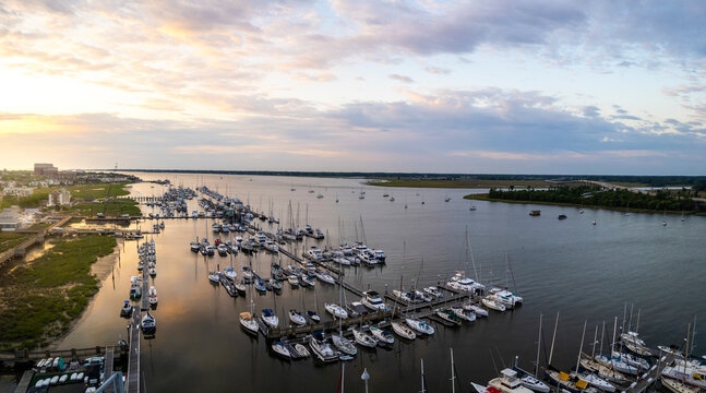 Aerial view of beautiful sunset over Charleston City Marina and Ashley River, Charleston, South Carolina, United States.