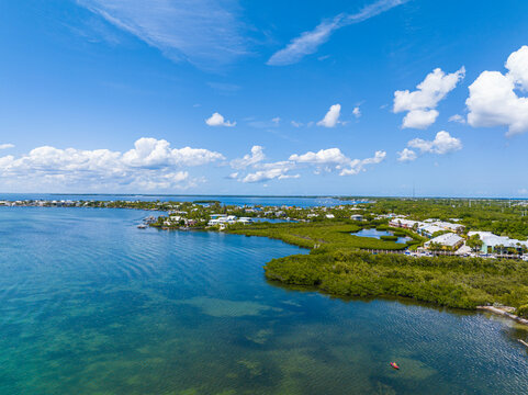 Aerial view of beautiful coastline and beach patterns, Rock Harbor, Key Largo, United States.
