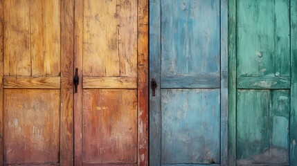 Colorful, weathered wooden doors in a rustic setting, showcasing vibrant hues and textures, create a visually captivating scene.