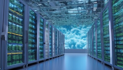 Obraz premium A state-of-the-art data center with rows of servers under a surreal sky, symbolizing cloud computing and data storage capabilities.. AI Generation