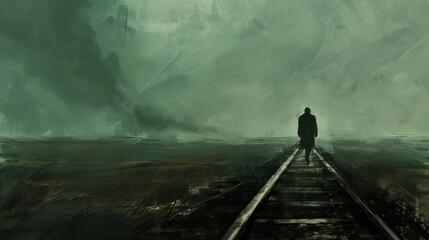 lone figure walking on train tracks solitary journey alongside railcars digital painting