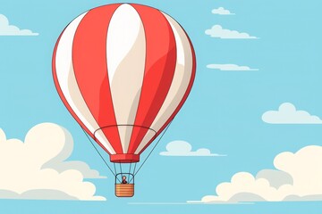 Obraz premium Illustration of a red and white hot air balloon floating in a clear blue sky with fluffy clouds, capturing a serene and adventurous scene.