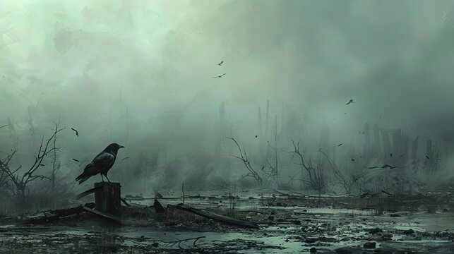 lone crow wandering desolate wasteland bleak dystopian landscape digital painting