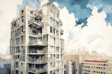 Modern urban apartment building with balconies against a cloudy sky, depicting contemporary city living and architectural design.