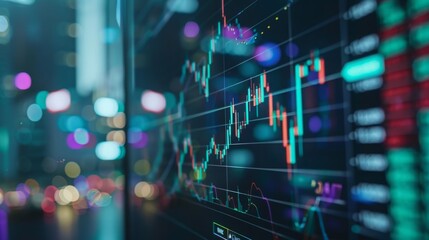 A close-up view of a stock market display with fluctuating numbers and graphs, set against a background of blurry lights.