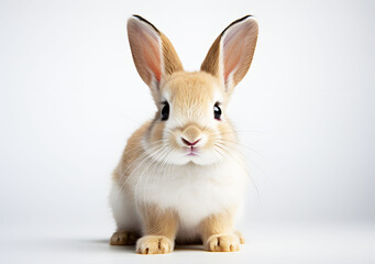 Fototapeta premium Front of brown rabbit on white background. Rabbit is symbol of celebration. Easter celebration. Realistic animal clipart template pattern. For fabric texture design.